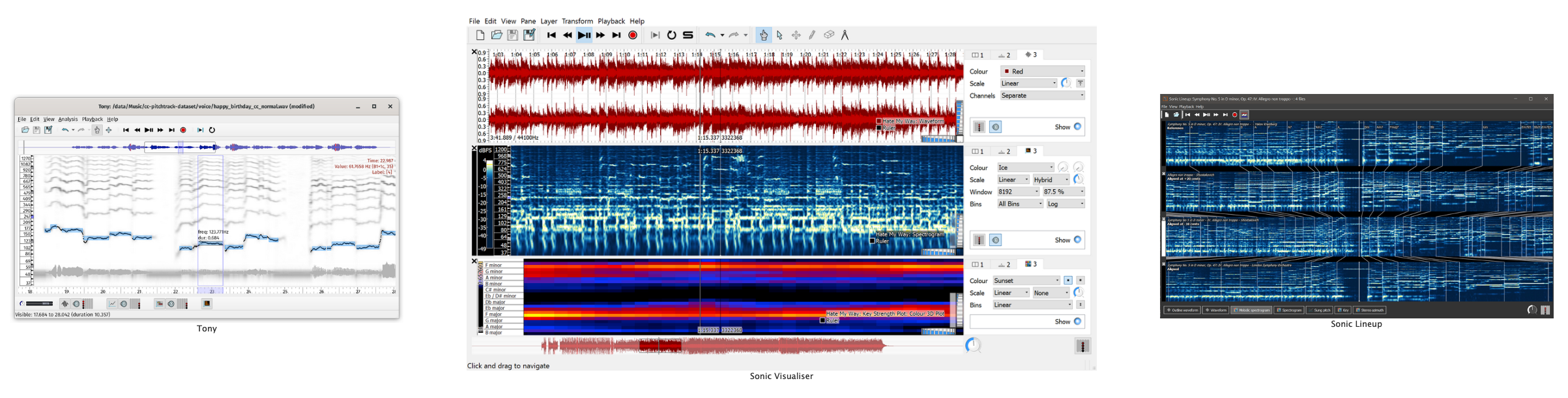 Screenshots of C4DM software Tony, Sonic Visualiser, and Sonic Lineup.